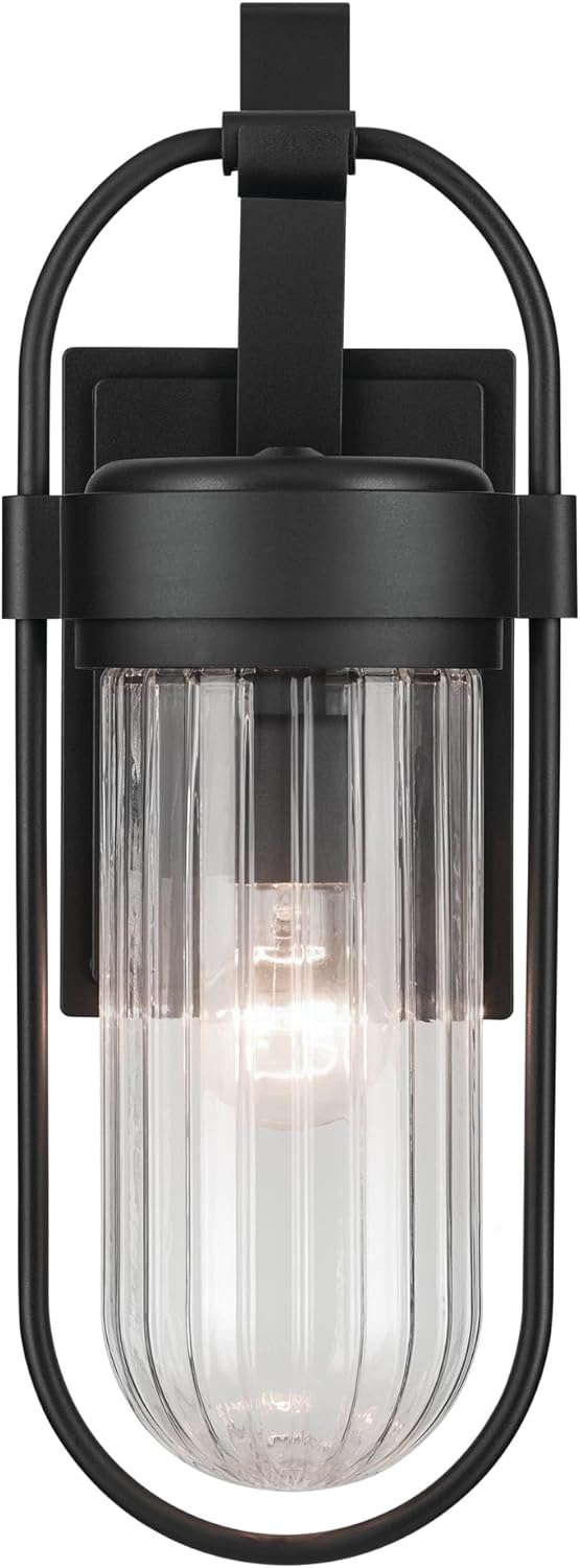 KICHLER Brix 1-Light Textured Black Luxe Industrial Outdoor Wall Light with Ribbed Clear Glass for Outdoor Walls, Exterior Doors, Garage, Porch or Patio Walls