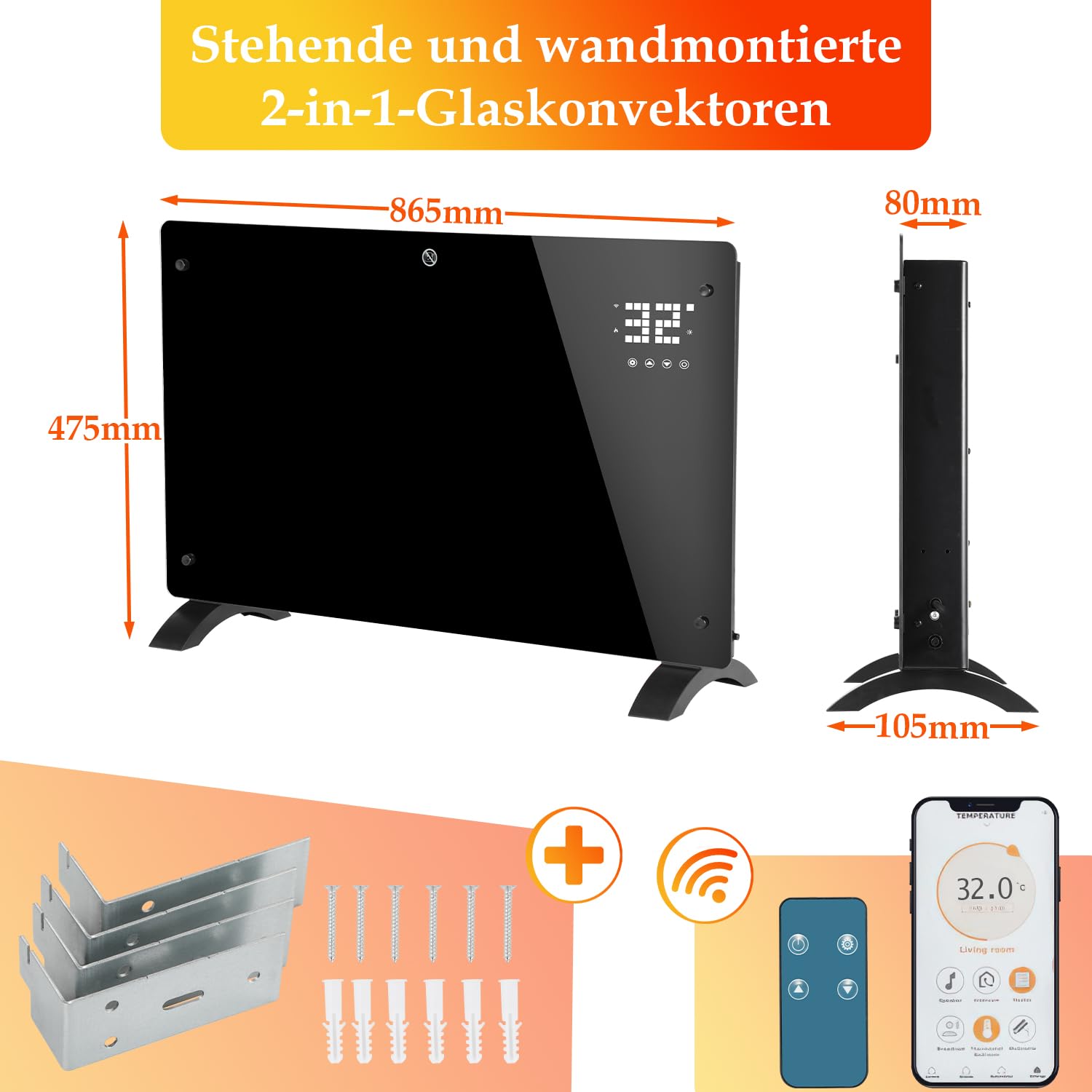 Termoconvettore, radiatore elettrico da 2000 W, radiatore elettrico, riscaldamento a infrarossi con telecomando, termostato e controllo app, riscaldamento elettrico a parete, risparmio