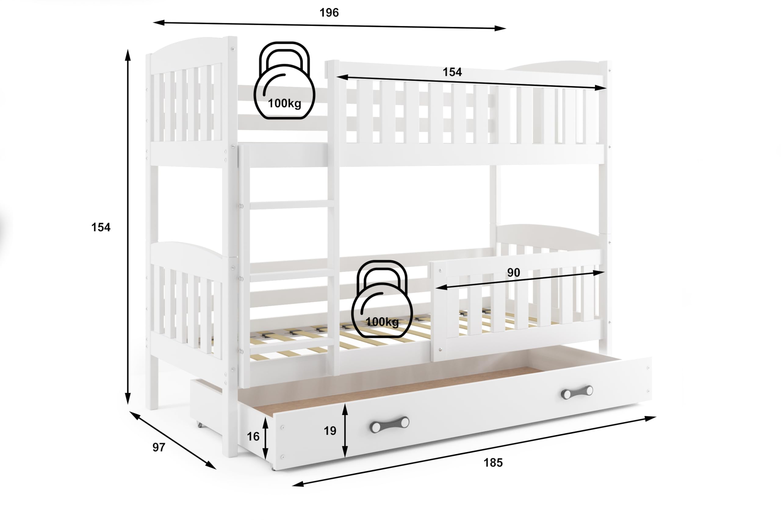 Interbeds Etagenbett 200x90cm Hochbett Stockbett mit Schublade Holzbett Kiefernholz Kinderbett Jugenbett mit Lattenrost und Rausfallschutz (weiß, 200x90)
