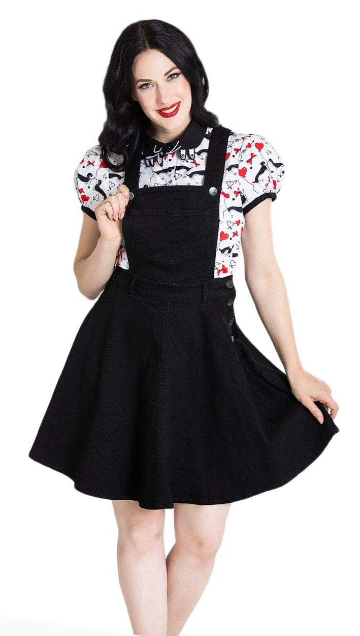Hell Bunny Women's Black Stretch Denim Flared Mini Skirt Pinafore Dress | Size: 2XL