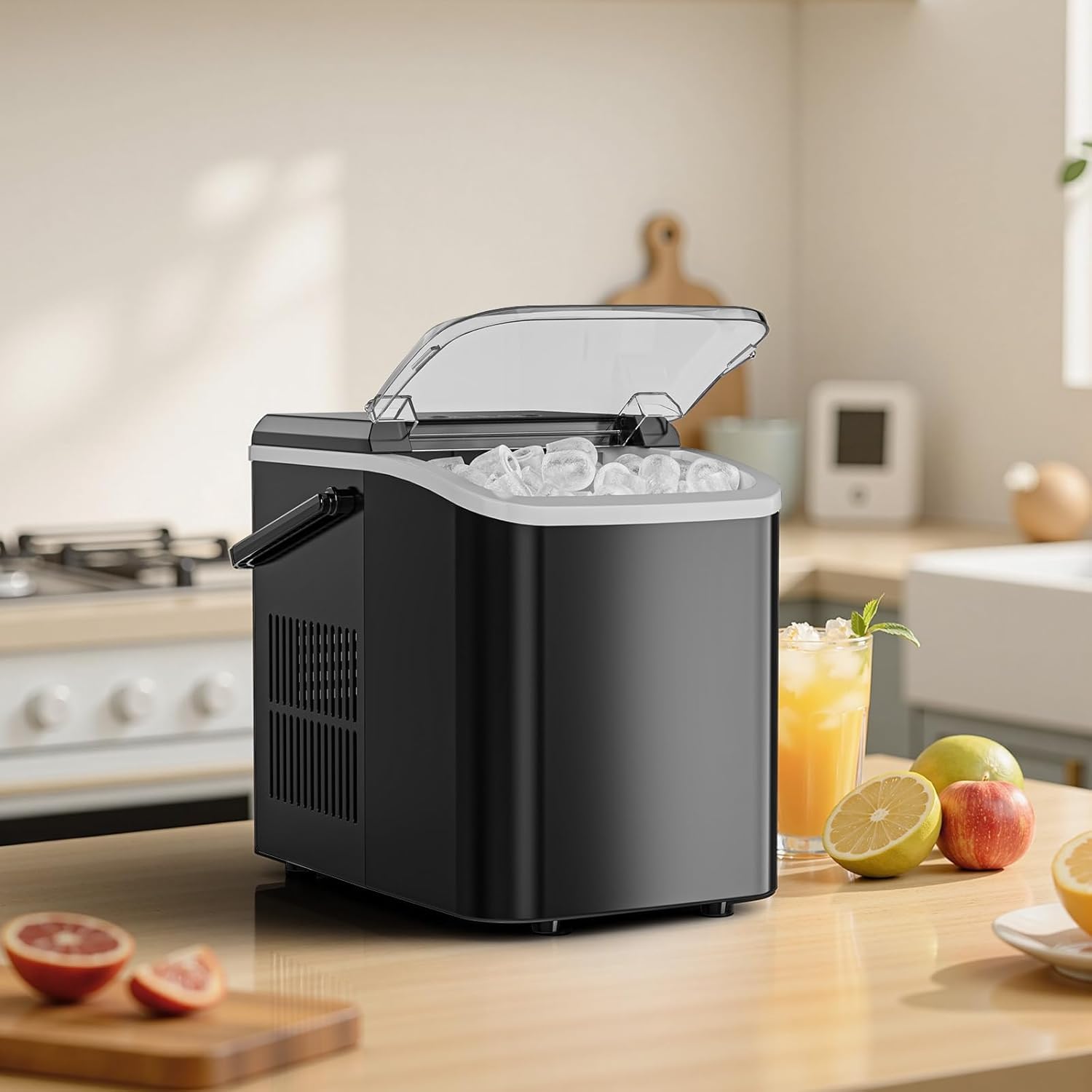 Sweetcrispy Countertop Ice Maker With Scoop, Basket And Handle, Portable Ice Machine 9 Ice Cubes Ready In 6 Mins, 26.5lbs In 24hrs, 2 Sizes For Home Kitchen Office Bar Party,Bright Black on Fridge.com - View 6