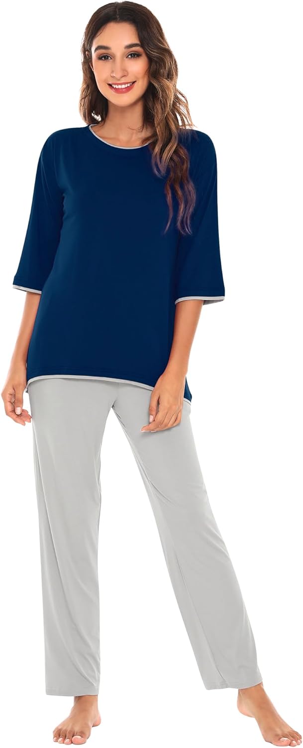 WiWi Womens 3/4 Sleeve Pajamas Set Soft Cooling Bamboo Viscose Top with Pants Sleepwear Plus Size Pjs S-4X with Pockets