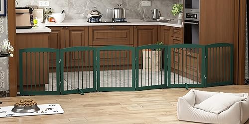 Miniatura 27 de Puerta independiente plegable para mascotas para perros, puerta plegable de madera para perros para la casa, barrera interior extra ancha para Negro