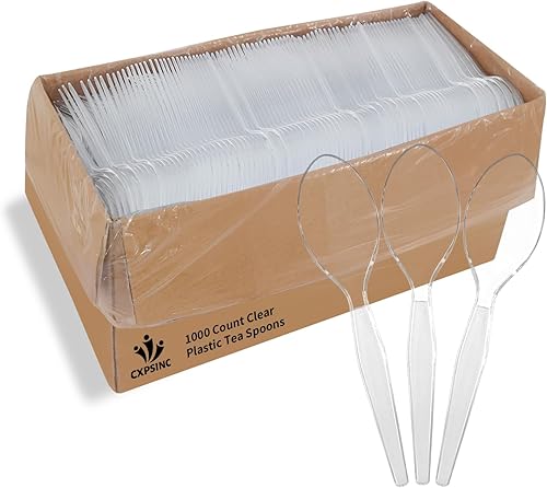 Paquete de 1000 cucharas de té de plástico transparente desechables pesadas, dimensiones para fiestas, caja combinada de cubiertos de plástico (1000