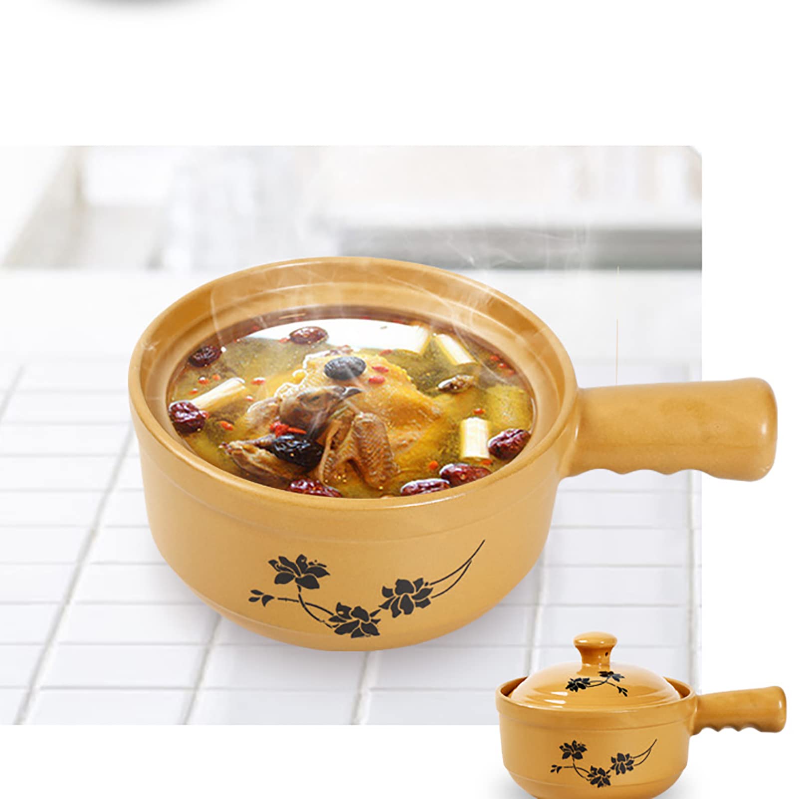 Olla para Cocinar Cazuela De Cerámica Cazuela De Cocina Apta para El Horno, Olla De Piedra De Barro Natural, Artesanía Tradicional, con Asa, 1.8L (Binaural 1.1L)
