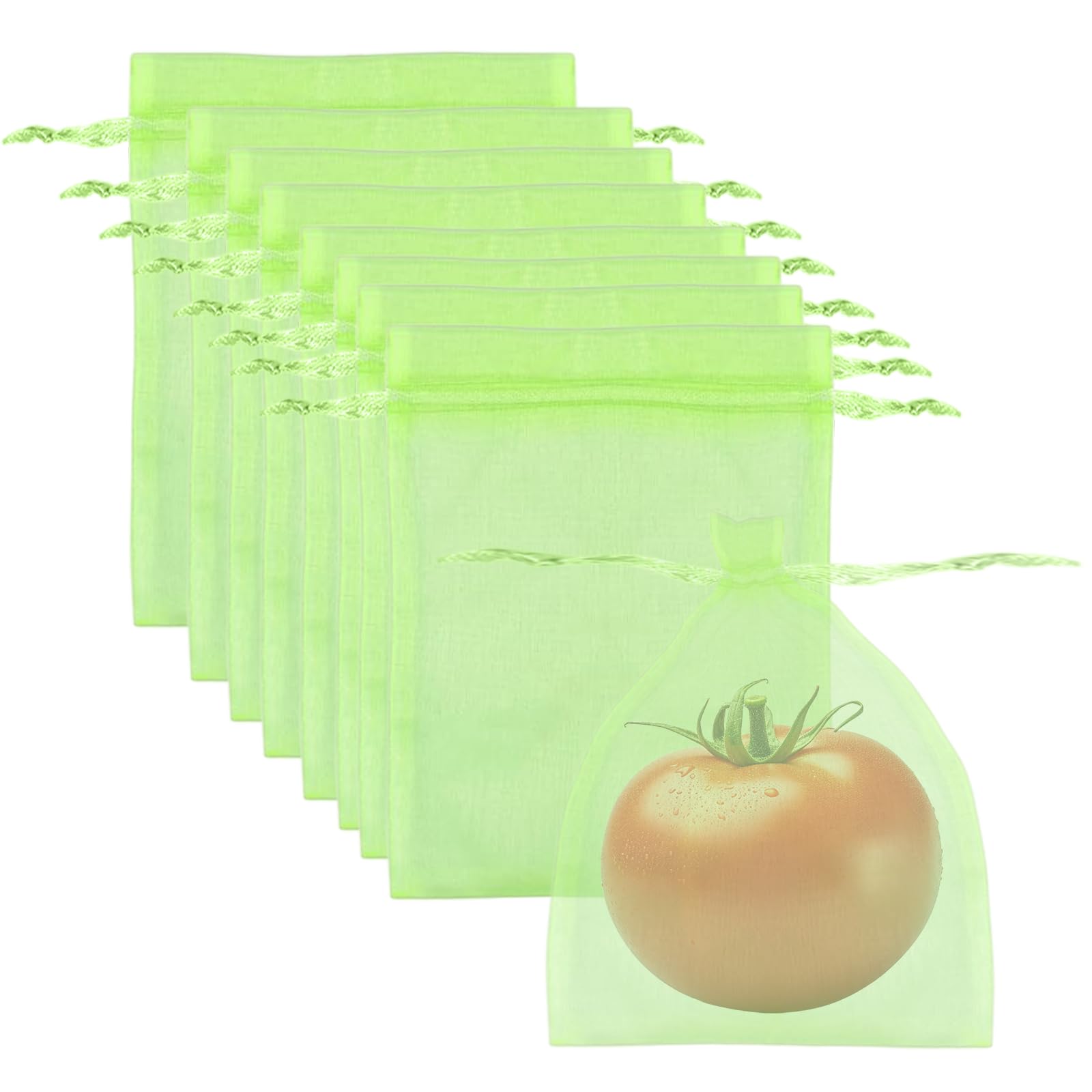 60Pcs Reusable Fruit Protection Mesh Bags 15x20cm Organza Drawstring Bags for Strawberry Plants Fruit Trees Vegetables Gardening (Green)