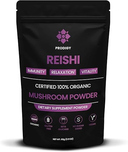 Prodigy Research - Extracto orgánico de hongos Reishi en polvo - Extraído exclusivamente de cuerpos fructíferos - -D-glucanos  30% - Suplemento para