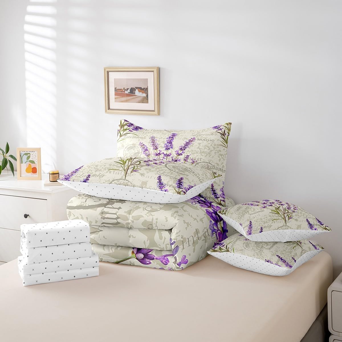 Feelyou Lavender Bedding Bedding Set Romantic Purple Youth Woman Girls,Blossom Flower Comforter Set Queen Size 7 Pieces Floral Bed Set with Comforter, Sheet Set, Pillowcases, Pillow Covers - Image 6