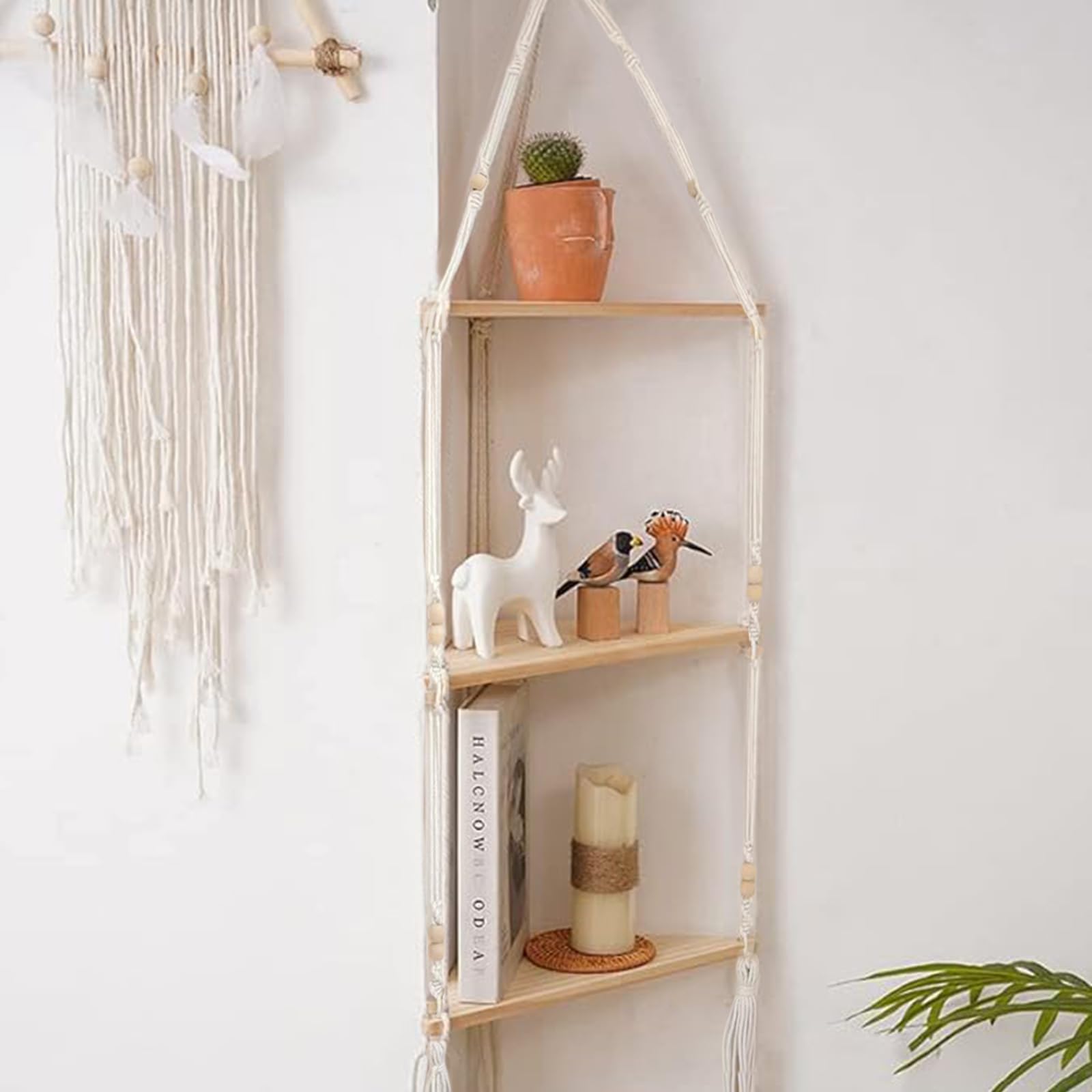 3 Tier Cotton Macrame Hanging Corner Shelf, Indoor Plants Hanging Shelves, Boho Wall HangingShelves, Handmade Woven Beige Floating Shelf for Rustic or Bohemian Farmhouse Bedroom Decor