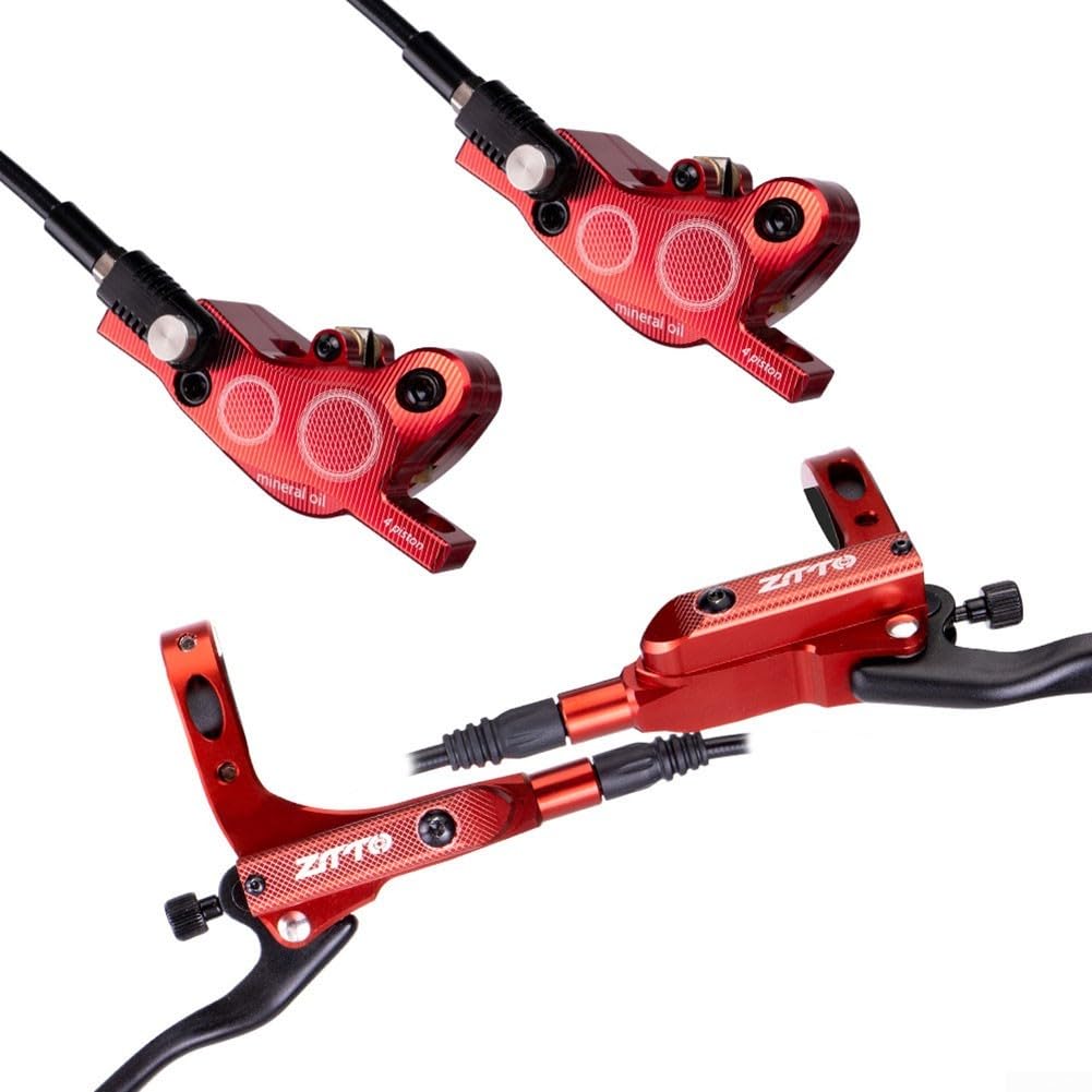 Hydraulic Brakes Set For Bicycles Disc 4 Pushes Piston Mountain Bike High Strength Aluminum Reliable Mountain Bike Hydraulic Brakes Set(Red)