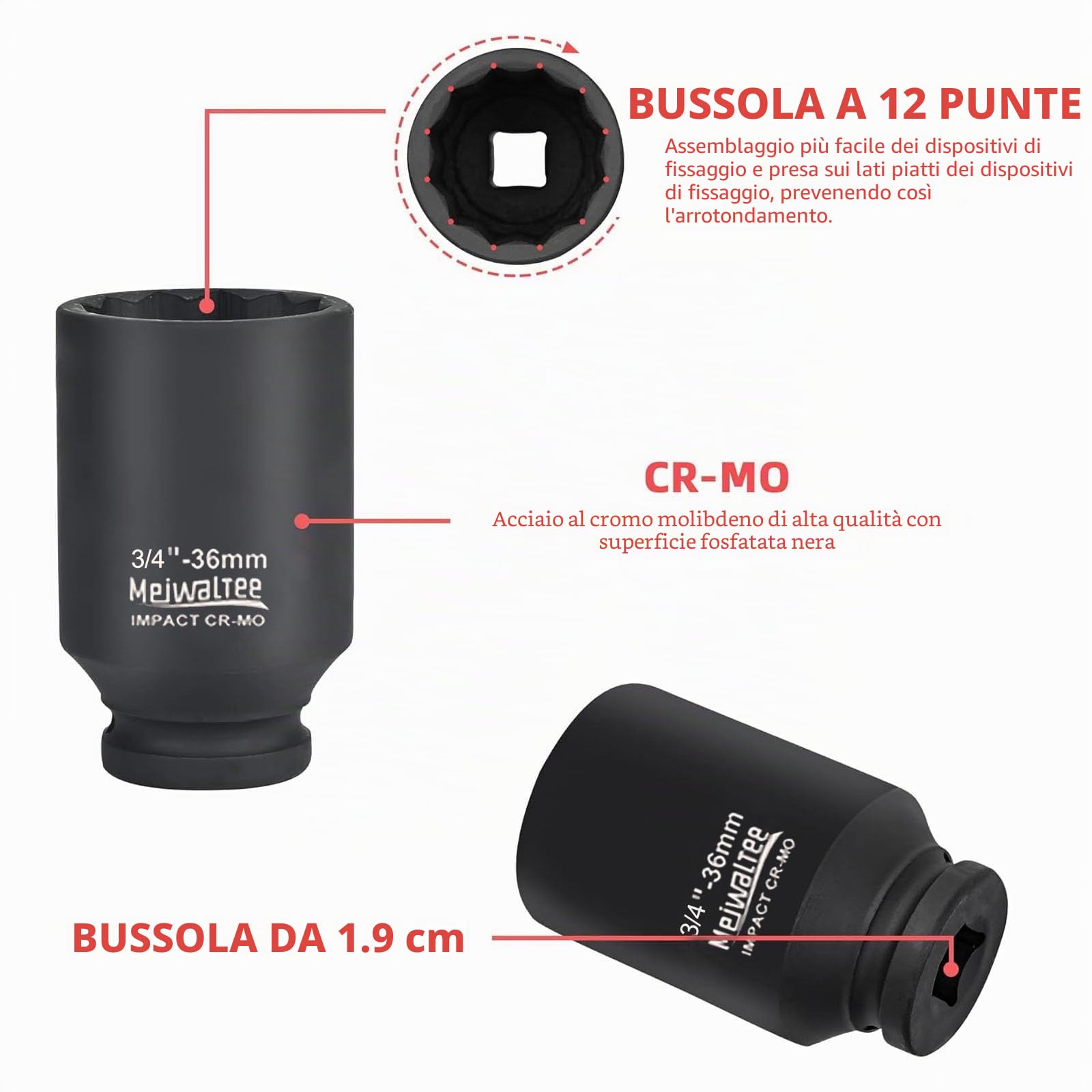 3/4" Set di Bussole a Impatto | 90MM Profondo | Assortimento Jumbo da 10 pezzi Dado a impatto profondo Misure metriche 22-50 mm | Design a 12 punte | Custodia in metallo | Acciaio Cr-Mo