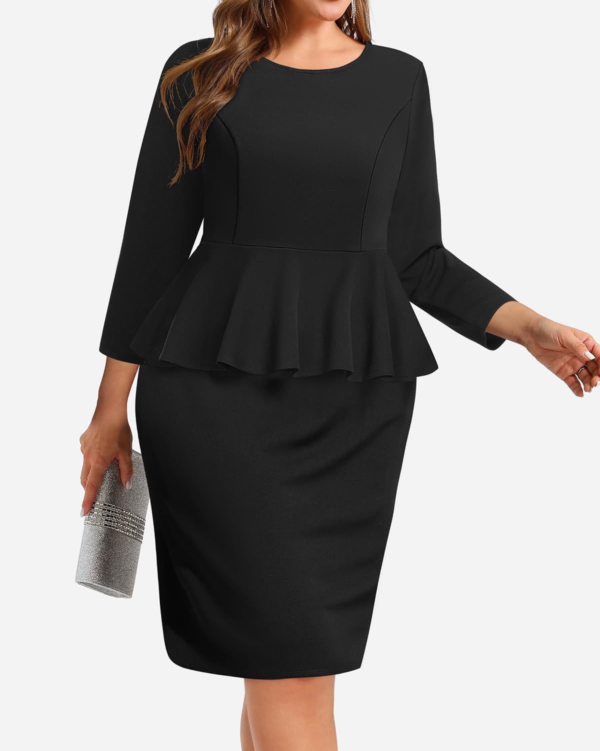 Pinup Fashion Business Dresses for Woman Plus Size - Church Work Office Peplum Pencil Boat Neck Knee Length Dress - Image 3