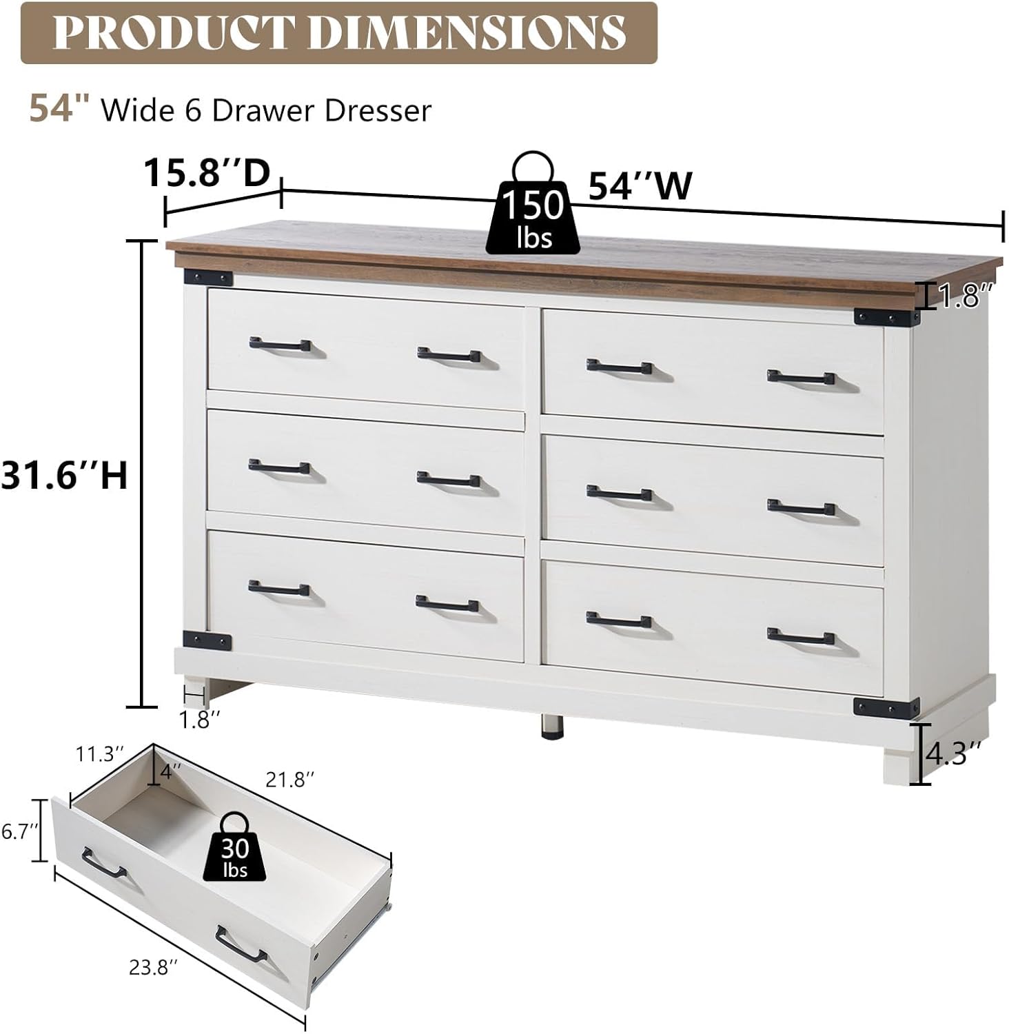 AMERLIFE 5-Piece Farmhouse Bedroom Set, Rustic Wood King Bed Frame with 51" Tall Headboard, 6-Drawer Dresser, 5-Drawer Tall Chest, Nightstands Set of 2 with Charging Station, White