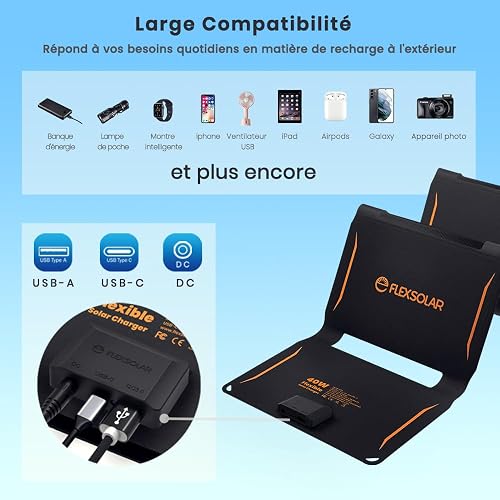 FlexSolar Chargeurs Solaires Portables 40 W, USB puissance d'Urgence ETFE Panneaux Pliables IP67 étanche Camping Randonnée pour Téléphones, Ventilateurs, Lampes de Poche - 3