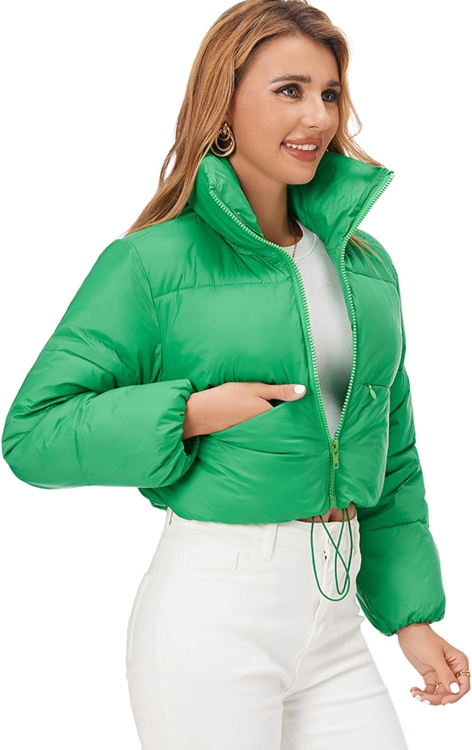 Fuinloth Women's Puffer Jacket, High Stand Collar Zip Pocket Crop Long Sleeve Coat