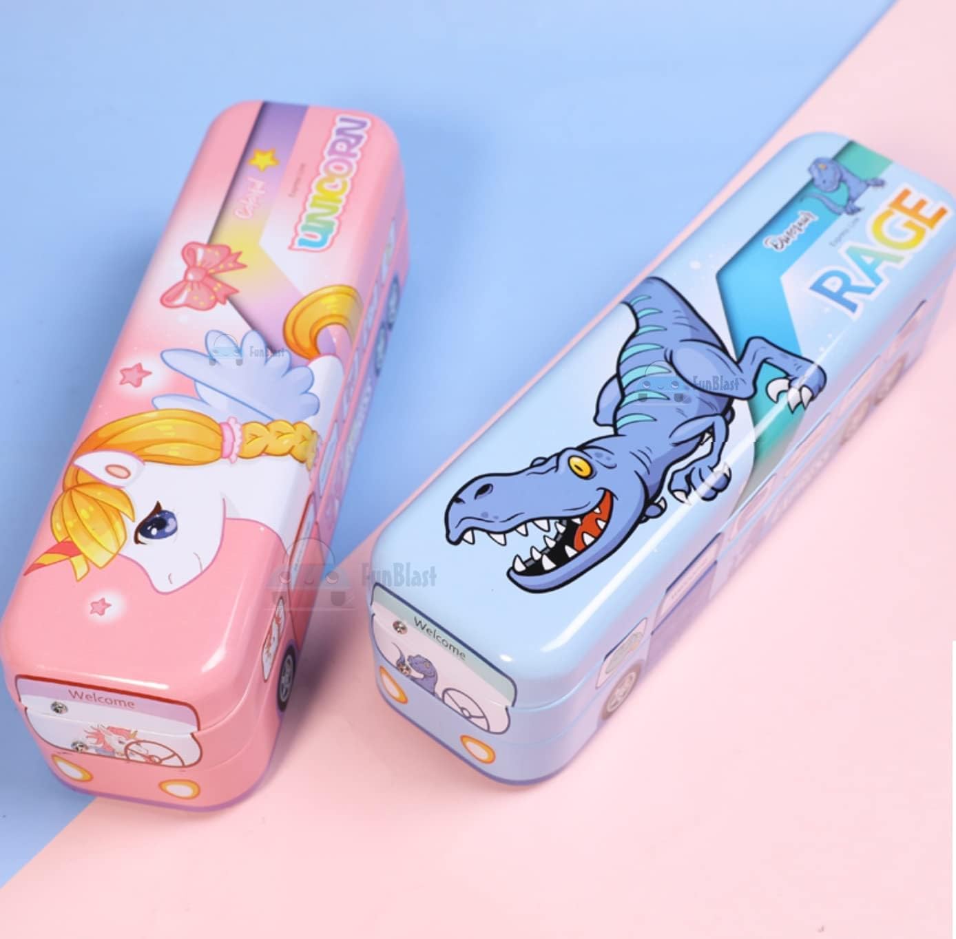 JAPSI Unicorn Design Double Decker Bus Pencil Box, Metal Case with Wheels, Pink