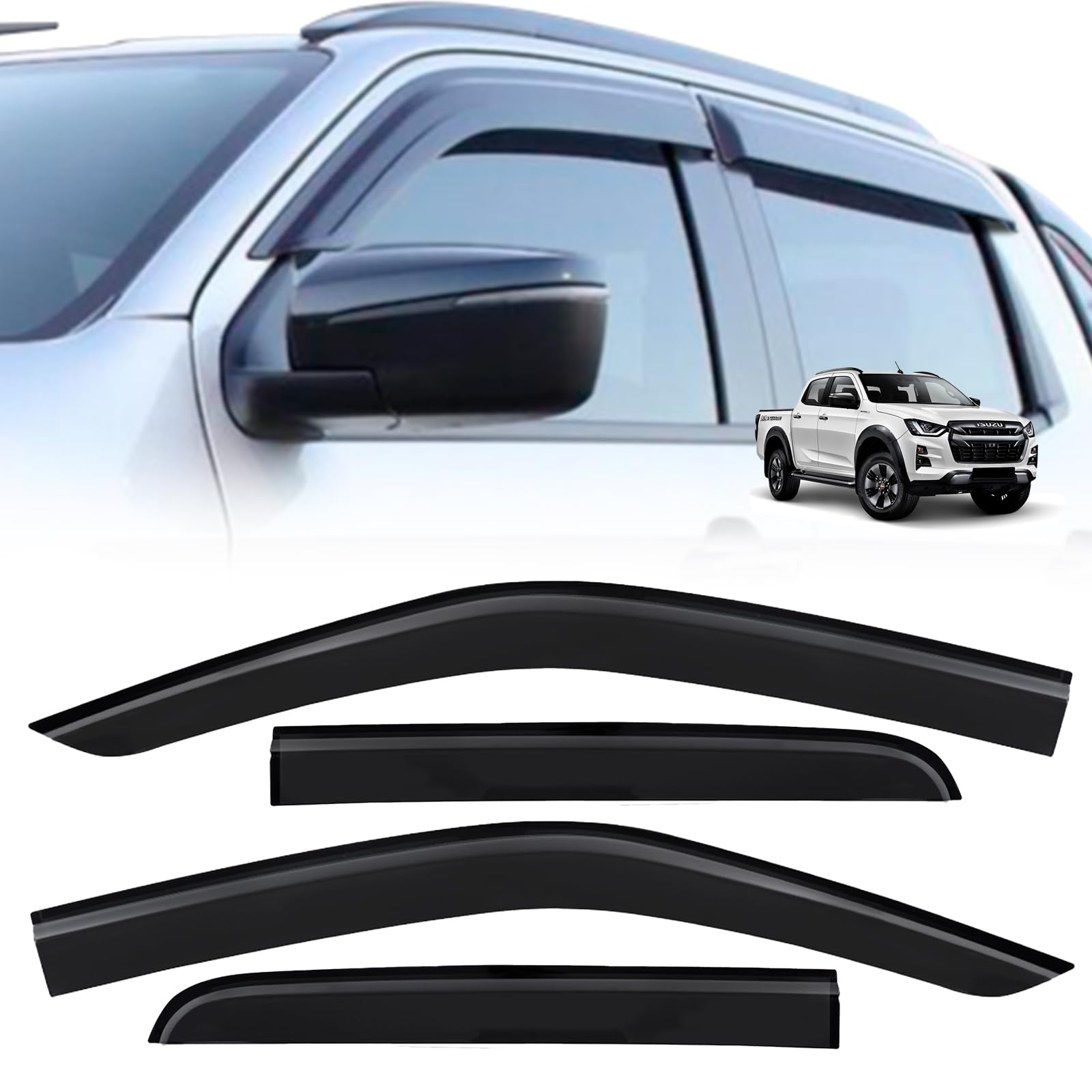 JHCHAN Wind Deflectors for ISUZU D-MAX Accessories 2021-2025 RG Mk6 III Generation Double Cab Utility DL20 DL40 V-CROSS Pickups Rain Guard Front & Rear Window Visor Sun Cover Protector Smoke Black