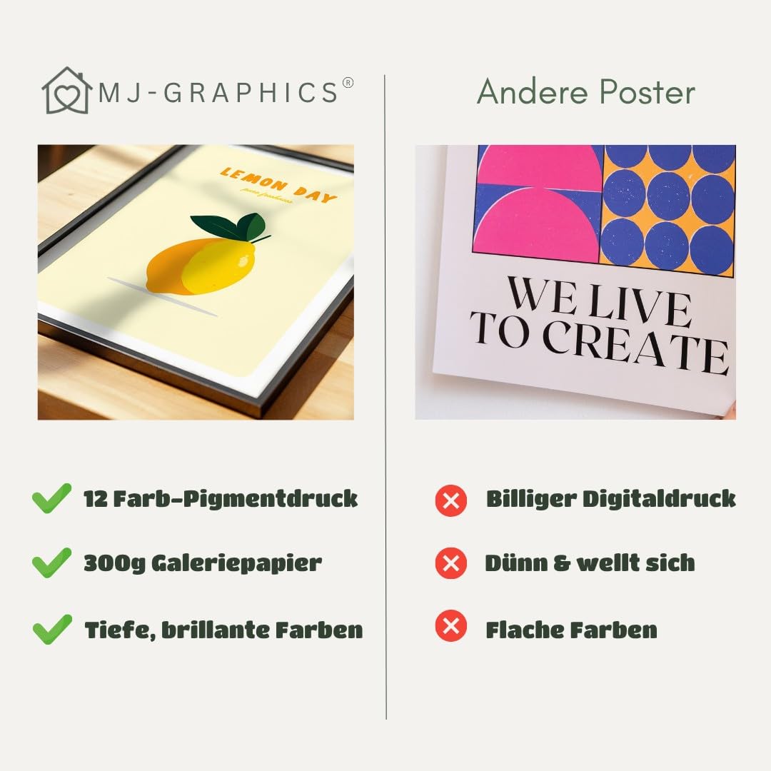 MJ-GRAPHICS® Poster Zitrone Kunstdruck minimalistisch Wandbild Gelb Wanddeko Küche Wohnzimmer bilderfrisch lebendig spritzig Akzente Deko frech fröhlich Ambiente 50x70 mit beigem Rahmen