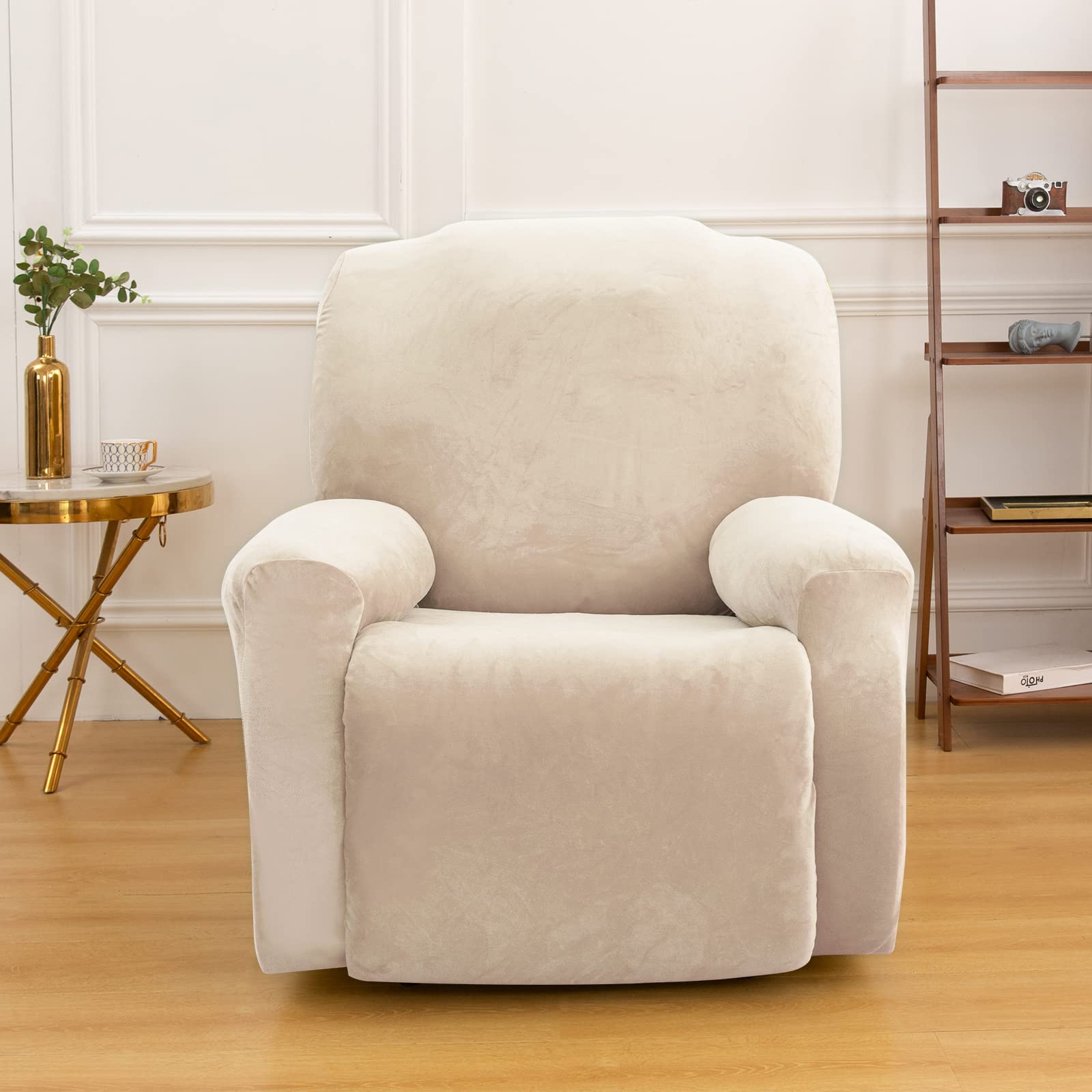 Topchances Velvet Stretch Recliner Cover - Super Soft Single Seat Slipcover with Side Pocket for Furniture Protection (Beige Yellow) - Image 3