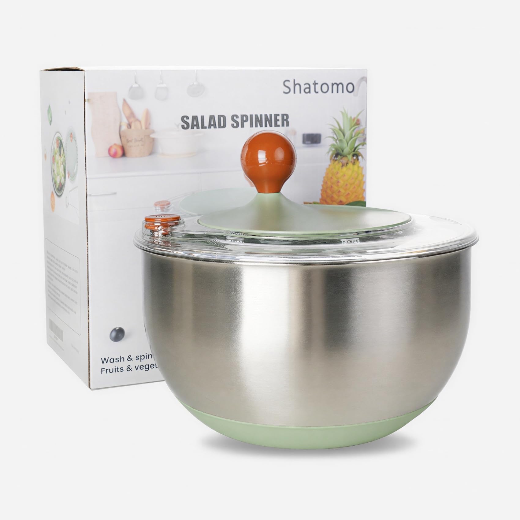 Stainless Steel Salad Spinner, 5.3 Qt Lettuce Spinner with Non-Slip Base, Drain and Stop Button, Fruit and Vegetable Washer and Dryer Spinner