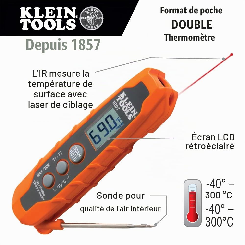 Klein Tools IR07 | Thermomètre double infrarouge et sonde | Mesure température -40 à 300 °C | Laser de ciblage et affichage rétroéclairé