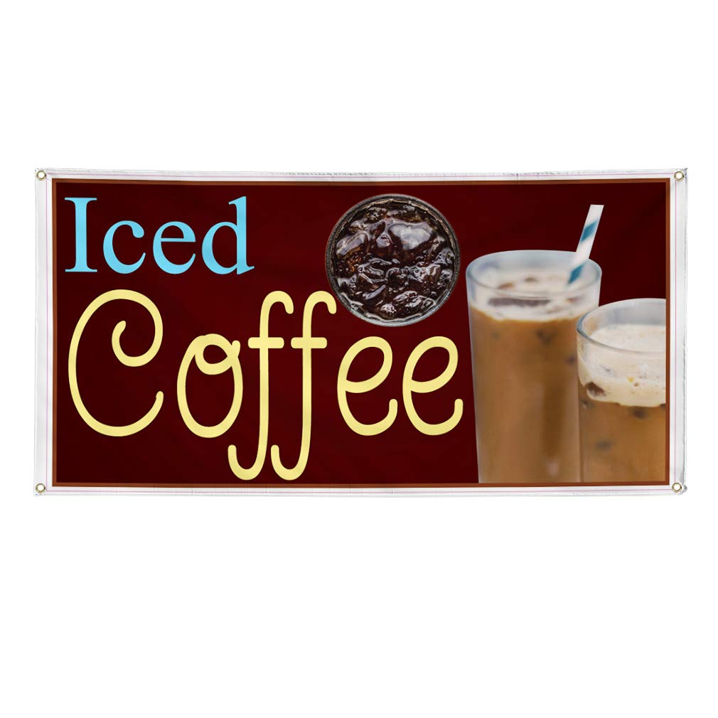 Vinyl Banner Multiple Sizes Iced Coffee Restaurant Cafe Bar A Restaurant & Food Outdoor Weatherproof Industrial Yard Signs Brown 4 Grommets