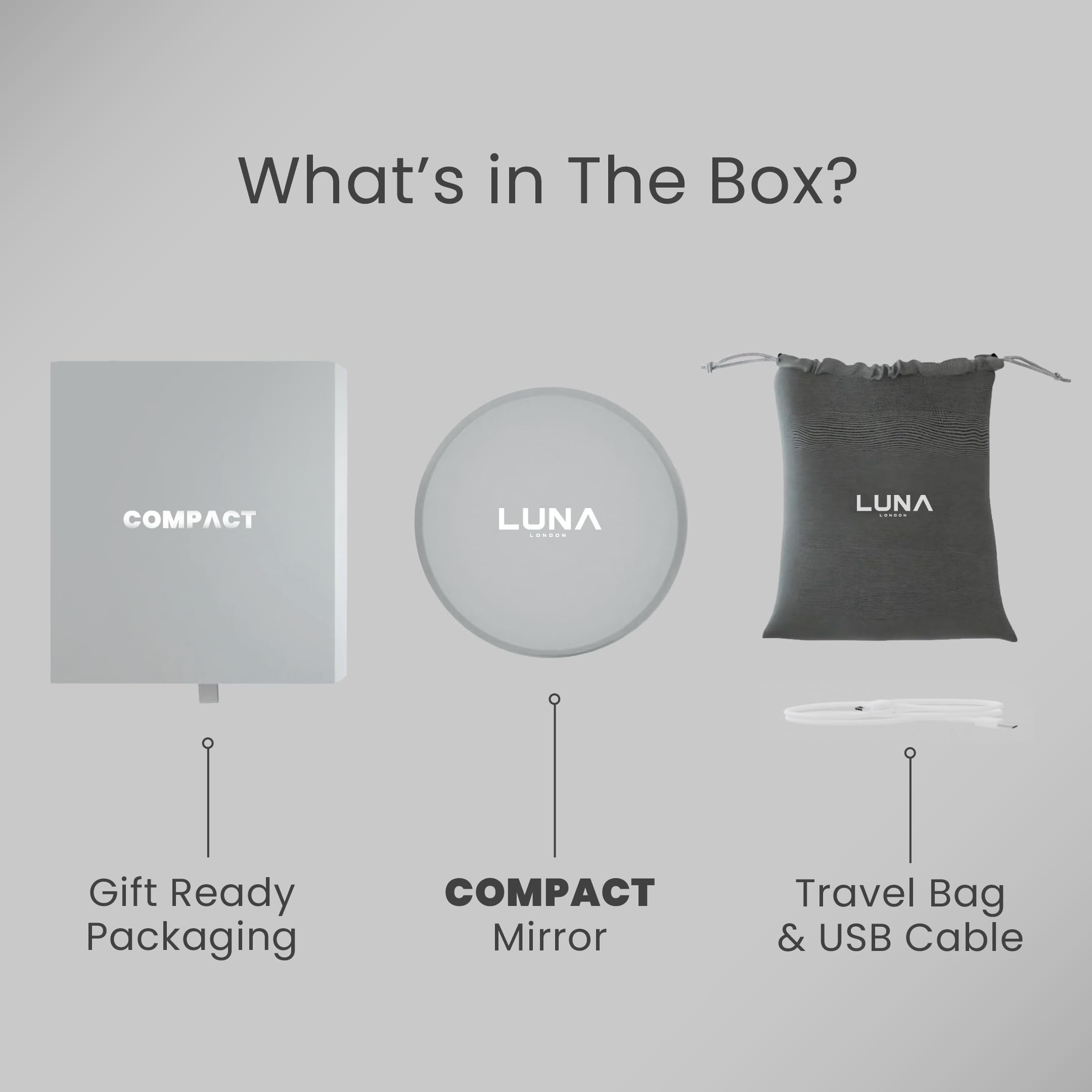 LUNA London Specchio da viaggio compatto, specchio da viaggio con luce | specchio cosmetico illuminato a LED con 3 modalità di illuminazione, ingrandimento 7x, pieghevole, portatile e ricaricabile