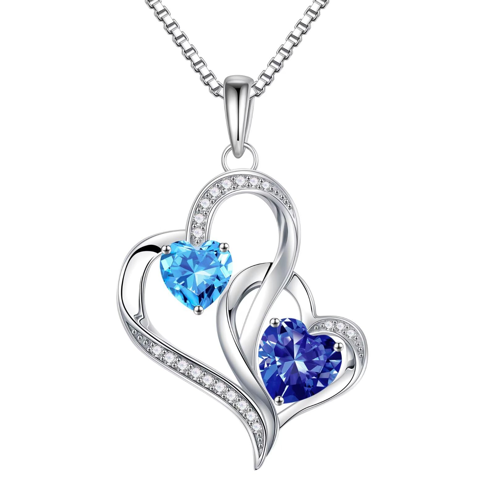 Iefil Valentines Day Gifts for Her - 925 Sterling Silver Double Birthstone Necklace, Heart Necklaces for Women, Anniversary Birthday Gifts,