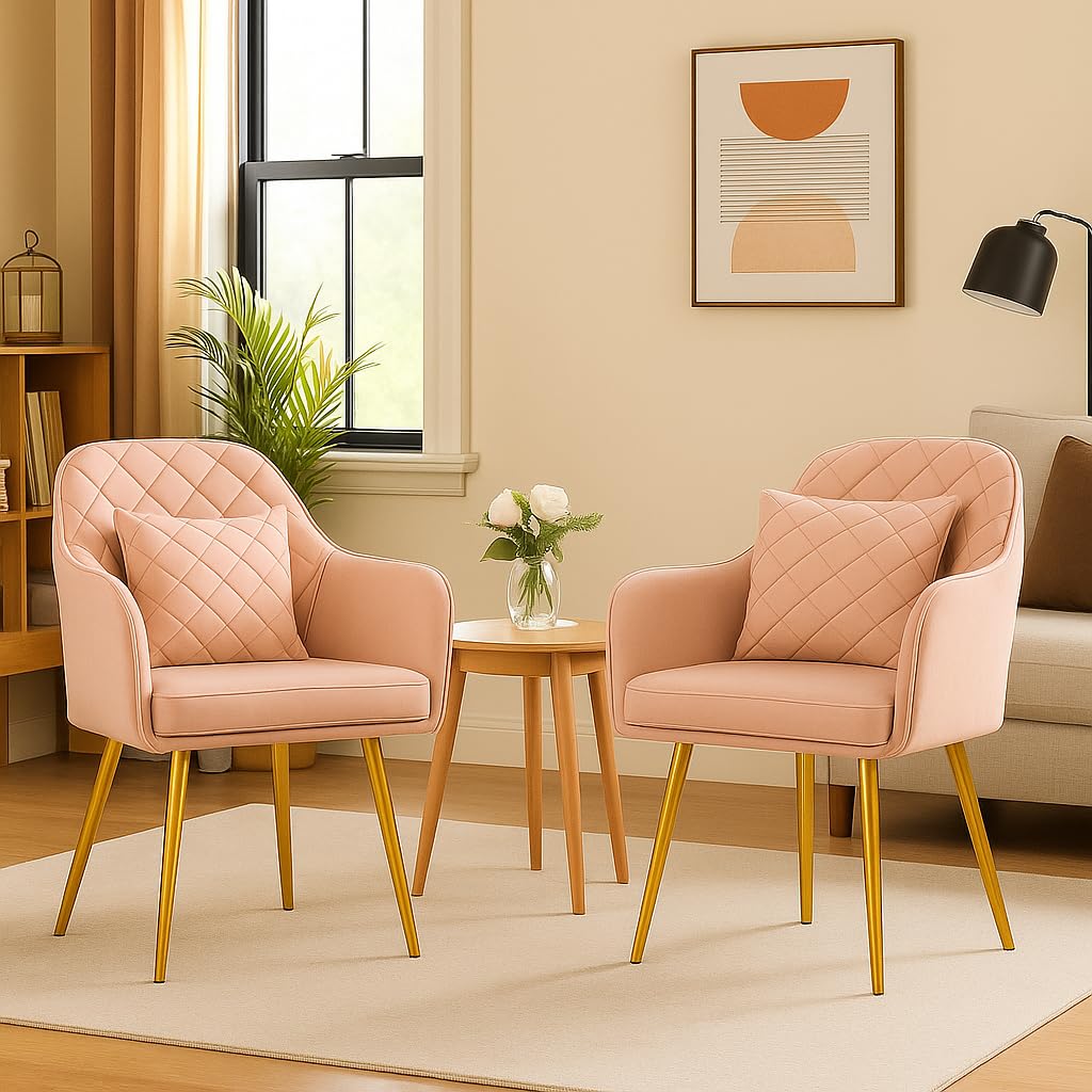 Velvet Chair for Home | Set of 2 Modern Accent Armchair with Pillow in Soft Velvet Fabric with Golden Legs | (Barfi, Pink)-image-38