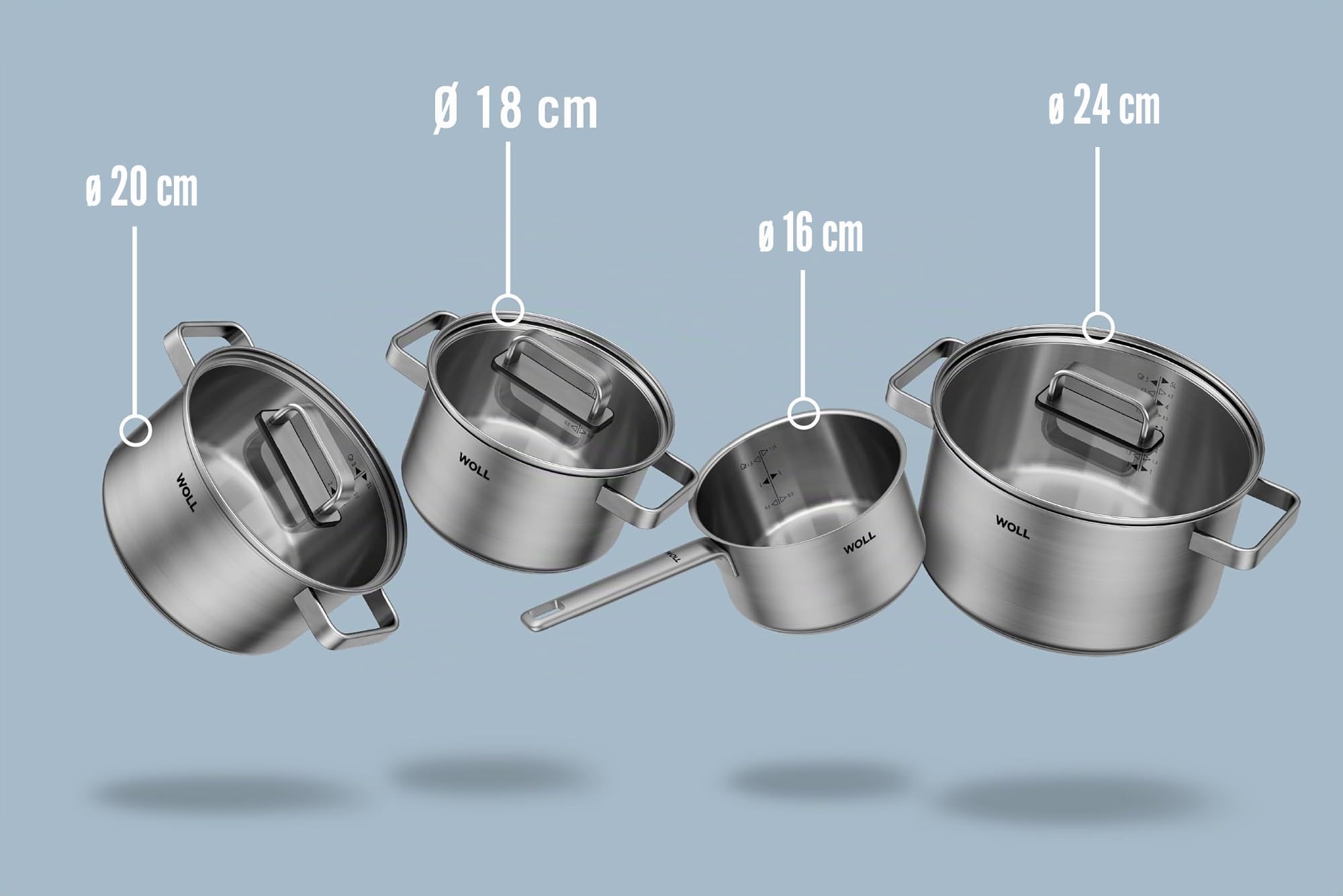 WOLL Set di pentole in acciaio inox, 7 pezzi, adatti a induzione, per tutti i piani cottura, lavabili in lavastoviglie, resistenti alla corrosione