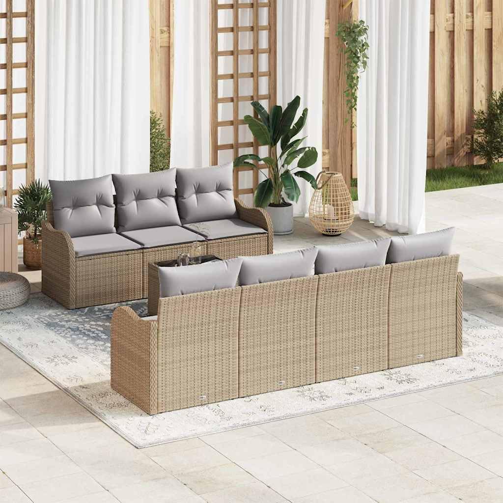 Zestaw sof ogrodowych, beżowy, polirattan, z malowaną proszkowo stalową ramą, 55 x 55 x 37 cm, modułowy mebel outdoorowy na taras, balkon, z poduszką i stołem