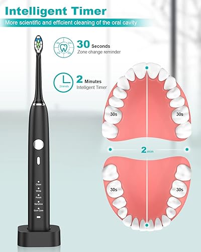 Miniatura 3 de HUACO CARE Cepillo de dientes eléctrico sónico con 4 cabezales de cepillo de repuesto, recargable de una carga durante 90 días, carga rápida