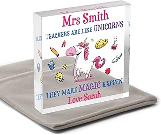 Personalised UNICORN Teacher Gift - Thank You Gifts for School Teacher, TA, Nursery, Leaving Gift - Gifts for Teachers, Teaching Assistants - Teacher Appreciation Keepsake Block - With Grey Bag