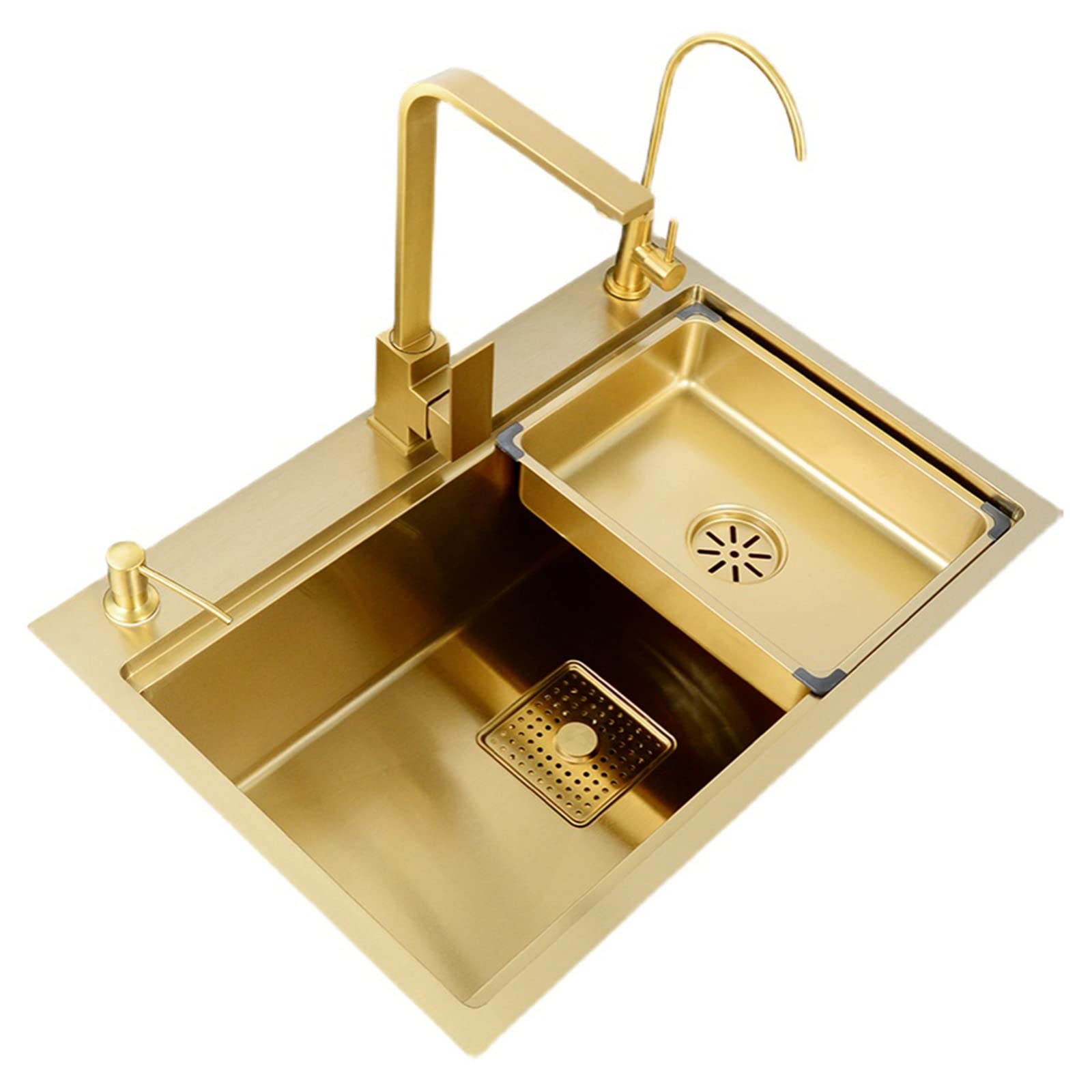 ZQFHSX Sink Kitchen Large Single Bowl with Tap 22Cm Deep Capacity Facing Step Built-in Accessories,Gold-68 * 46 22cm