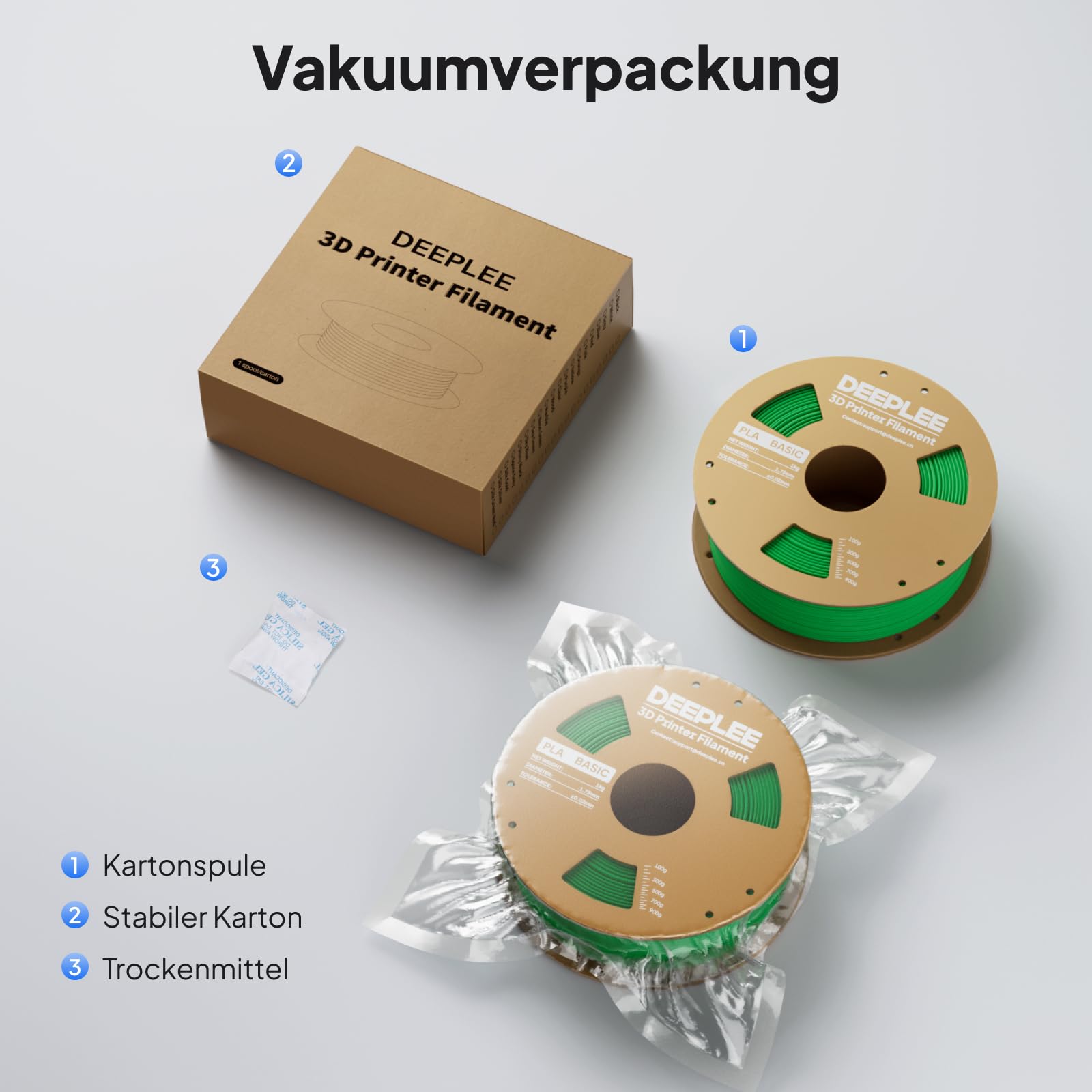 DEEPLEE Filament PLA Basic czarny, biały, czerwony i niebieski 4 kg 1,75 mm z dokładnością wymiarową +/- 0,02 mm, wysoka wytrzymałość, 4 szpule kartonowe do drukarek 3D FDM