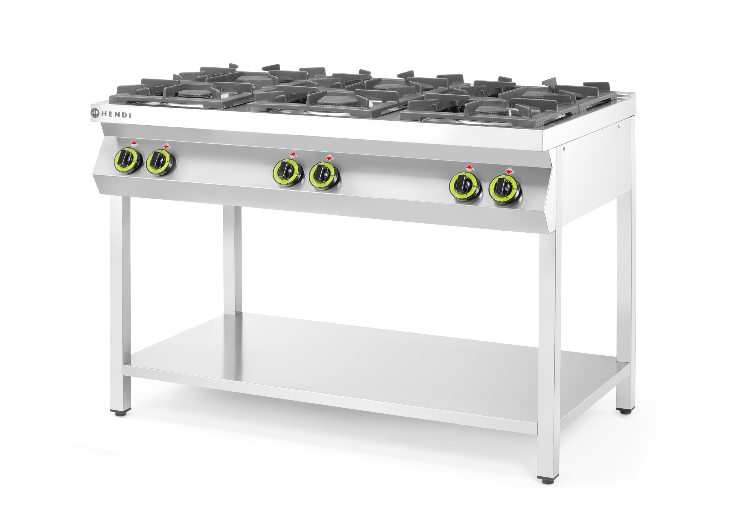HENDI Fourneau à gaz professionnel, cuisinière avec 6 brûleurs (28,5 kW), structure ouverte avec espace de rangement, pour gaz naturel (kit GPL inclus), 1200x700x(H)900mm, acier inoxydable
