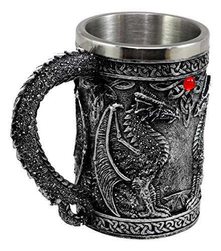 Ebros Gift Large Silver Celtic Twin Dragon Fire Drakes Coffee Mug Beer Stein Tankard Drink Cup 14Oz #TOP5