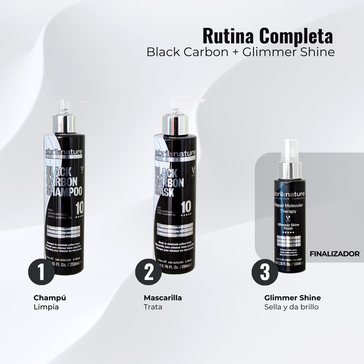 abril et nature - Set Cuidado Capilar Profesional Black Carbon - Matiza tonos no deseados - Nutre y repara - Pack Champú, Mascarilla y Spray - Hidratación Intensa - Ideal Rubios y Platinos - 550ml