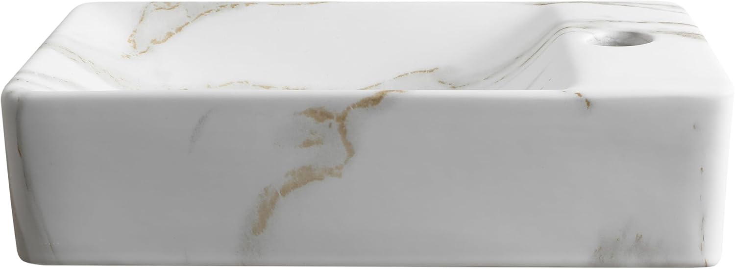 JONATHAN Y Felix 15 in. W x 8.5 in. D Matte White Marble Effect Wall Mounted Ceramic Sink, Modern Rectangular Mini Bathroom Basin with Right-Side Faucet Hole for Minimalist Spaces SNK1004C-R