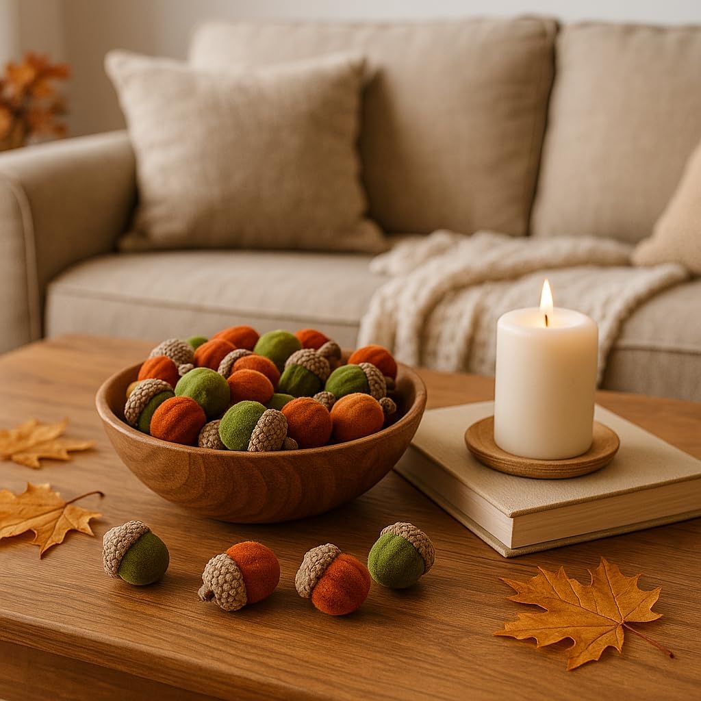 Box of Decorative Velvet Acorns Autumn - Green/Orange - Autumn Decoration Acorn Themed Décor Prop Foliage - Autumnal Decoration - Perfect for Home, Kitchen, Living Room