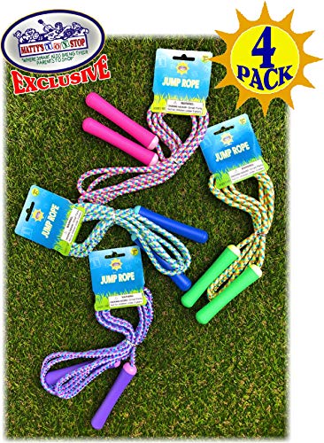 Deluxe Jump Ropes 7-Foot (7') Pink, Green, Purple & Blue Gift Set Party Bundle With Bonus Matty's Toy Stop Storage Bag - 4 Pack #TOP3