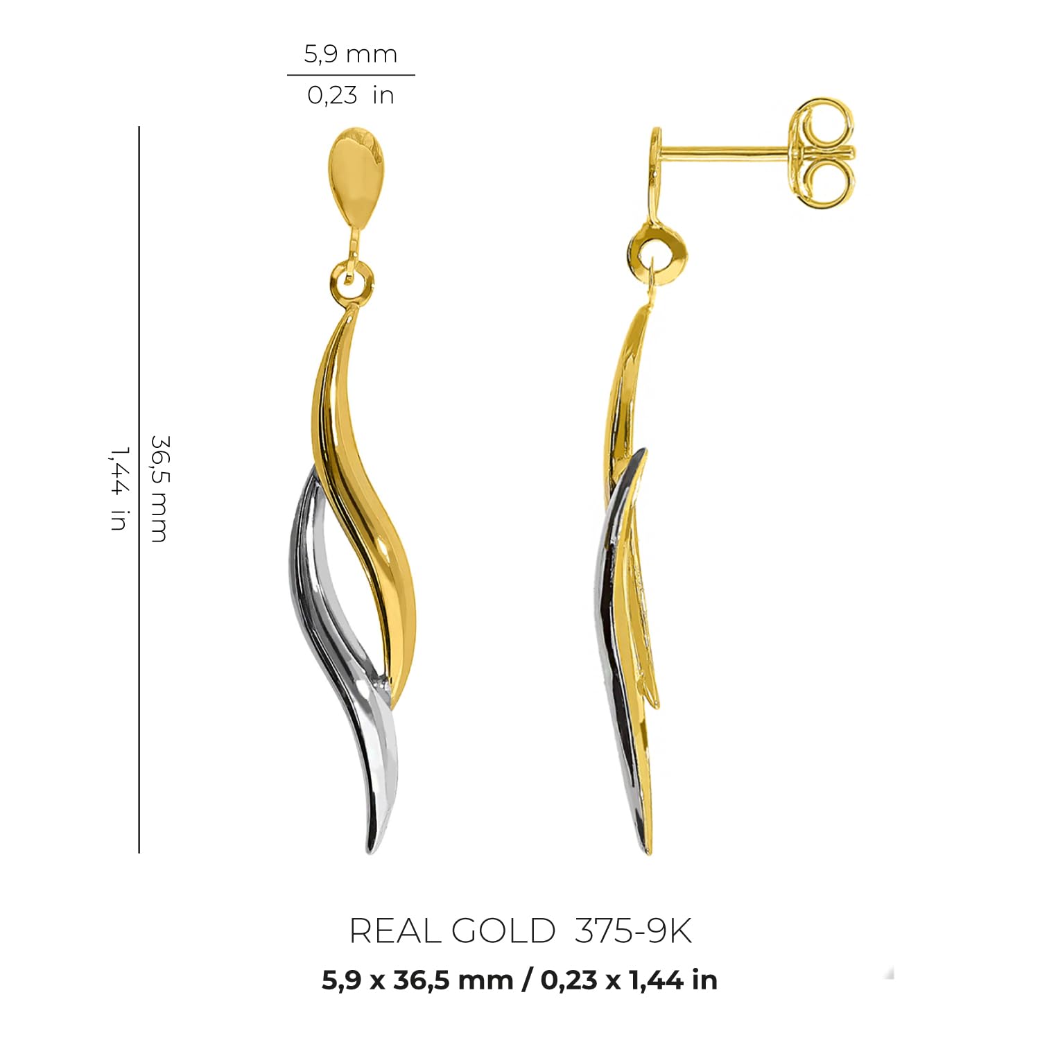 forme di Lucchetta Lange Ohranhänger 9 Karat Weißgold und Gelbgold | 375 Echtgold, Gold Ohrringe Damen, Hochwertiges Schmuck, hergestellt in Italien