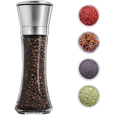 Salt and Pepper Shakers Grinders Refillable Stainless Steel,Adjustable Coarseness Mills Glass Material to Refill Sea Salt,Small Peppercorn,Black Pepper,Fits in Home,Kitchen(single package)