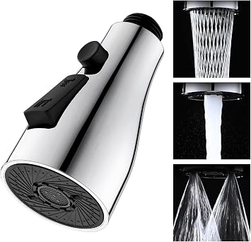 Kelica Kitchen Sprayer Head Replacement, 3-Function Spray Head, Chrome Plated, Deck Mounted, Silver, 1.8 GPM, 3 Settings, Includes Check Valve & Flow Restrictor