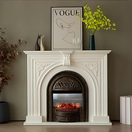 Electric Fireplace with Mantel - French Style Electric Fireplace Heater Include Retro Arched Door and Carved,Real Flame Effect TV Stand Includes Remote Control for Living Room(White,43.31'')