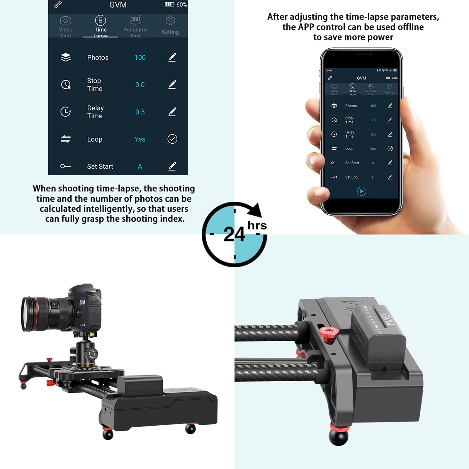 GVM - Slider per videocamera motorizzato da 122 cm, per stabilizzatore video, con tracciamento Time Lapse e riprese video panoramiche a 120 gradi