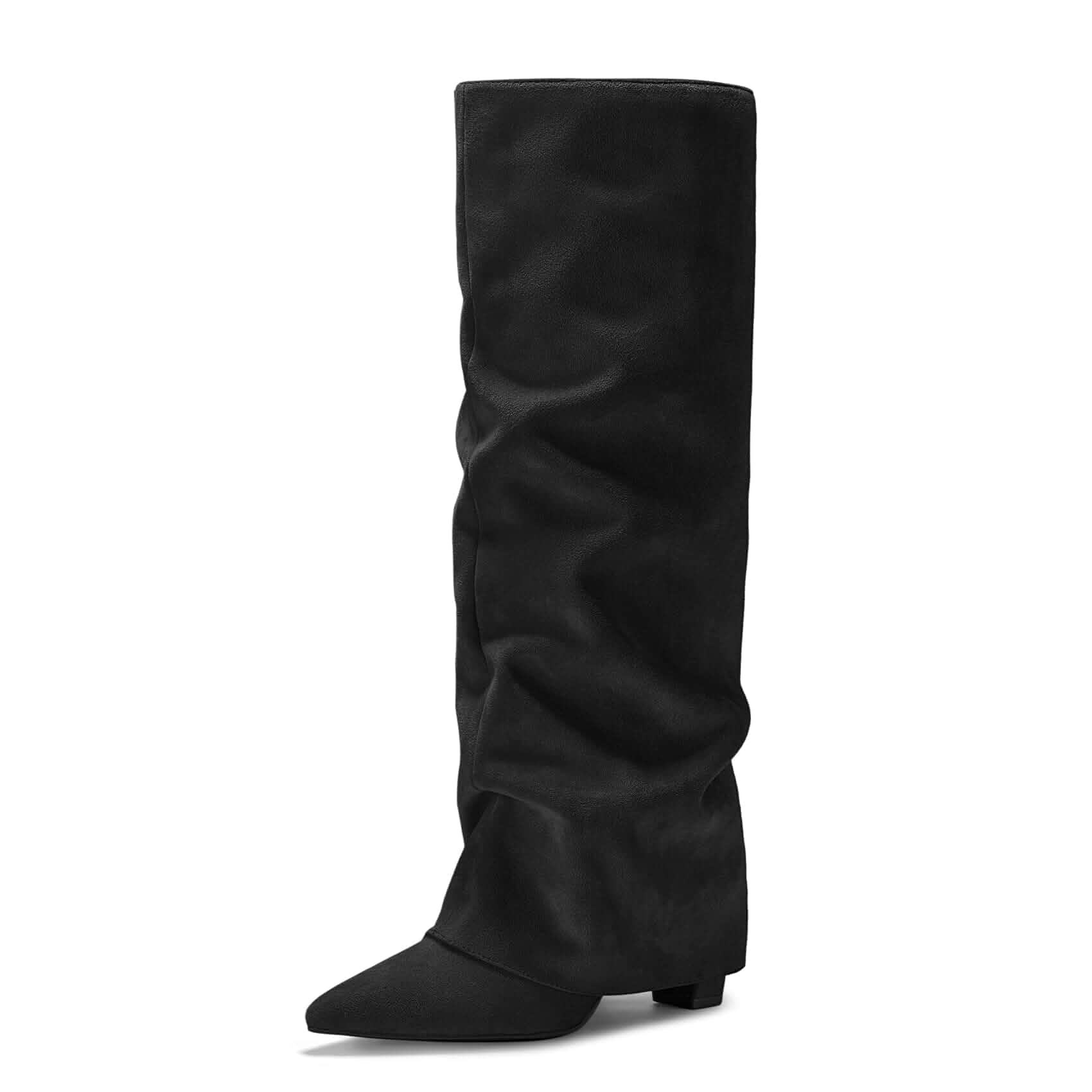 FITORY Knee High Boots Women Pull on Shark Slouchy Fold Over Tall Block Casual Pointed Toe, 3.64-inch Chunky Heel, Fall Winter Everyday Party Dress Vegan Leather