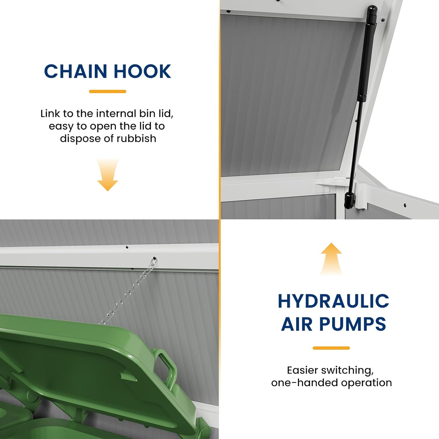 Detail of chain hook and hydraulic air pump on shed lid