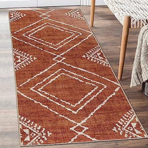 ReaLife Machine Washable Area Rug Runner - Living Room Bedroom Bathroom Kitchen Entryway Office - Padded Low Pile Stain Resistant Premium - Moroccan Diamond Tribal - Jax - Orange 2'6" x 6' Cover