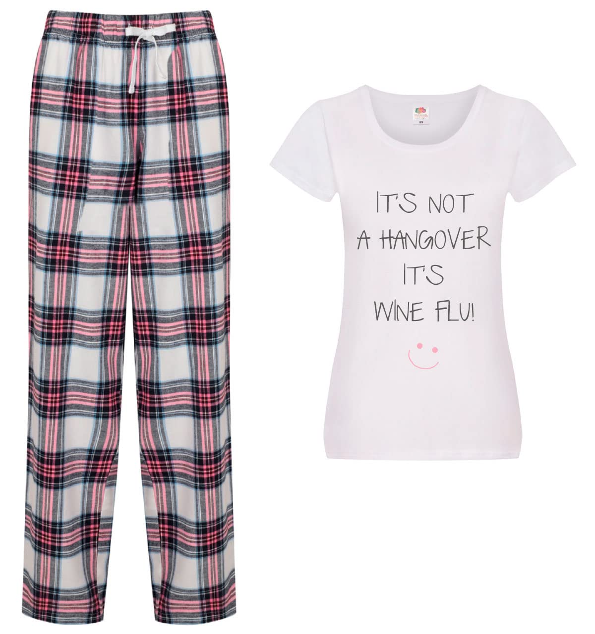 60 Second Makeover Women's Pink Limited It's Not A Hangover It's Wine Flu Pyjamas For Pjs For Sets Pajamas Wine Gift Tartan Trouser Bottoms Pyjama Size - Large
